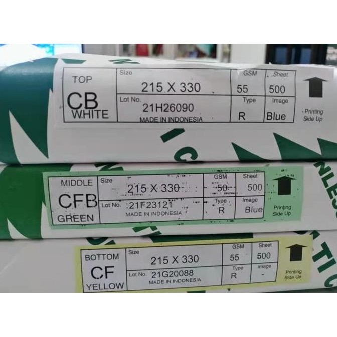 

Kertas NCR Middle CFB, 1 ream 500sheet, sedia 5 warna, F3-F4 size, 50g MS