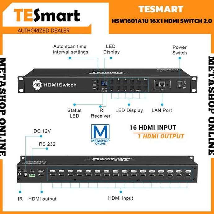 Tesmart Hdmi 2.0 Switch Ultrahd 16X1 Port 16 Input 1 Output 4K@60Hz New Stok