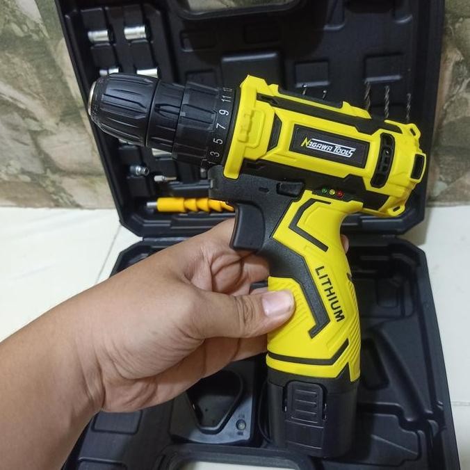 Tersedia Mesin Bor NAGAWA Cordless 12V Set Bor Besi Kayu Baterai Plus Koper
