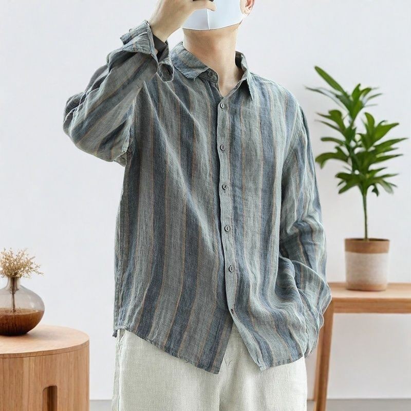 Kemeja lengan panjang linen bergaris kasual longgar retro pria