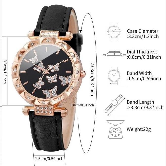 new  5PCS Jam Tangan Kuarsa Wanita Berlian Kasual Berlian Kecil Kupu-Kupu Penunjuk Dial PU Tali Kuli