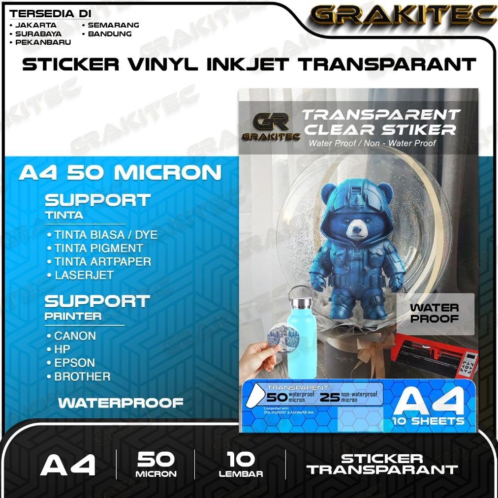 

New! Kertas Sticker Vinyl Transparan - Sticker Vinyl Transparant Waterproof / Non waterproof A4 isi 10 lembar Grakitec .,