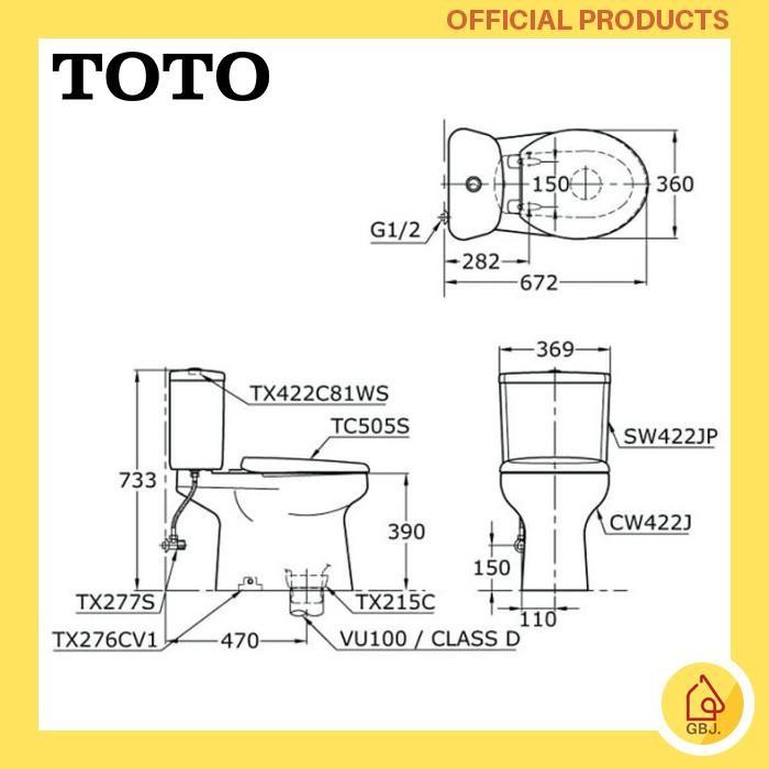 Set Kloset Duduk Toto Cw422J As 47 Cm Dual Flush Komplit + Jet Shower + Tee / Closet Cw422 Original 