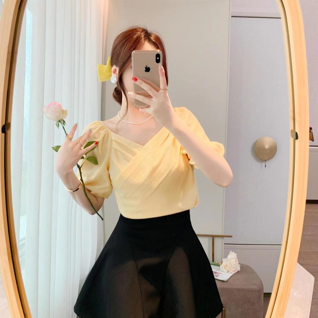 Perempuan Berkualitas Tinggi v Atasan Kerah Puff Lengan Pendek Blus Chiffon