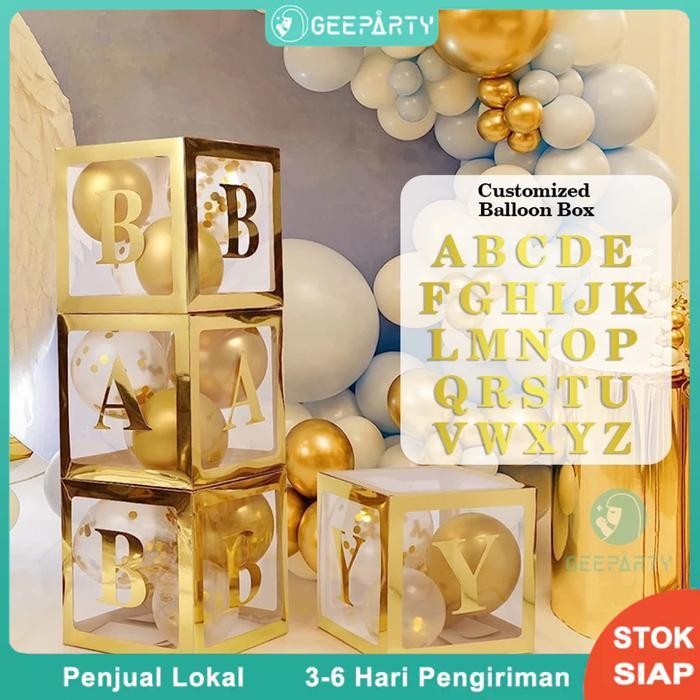 30*30Cm Kotak Balon Transparan Emas Merah Sesuaikan Surat Stiker Nama Diy Untuk Dekorasi Pesta Ulang