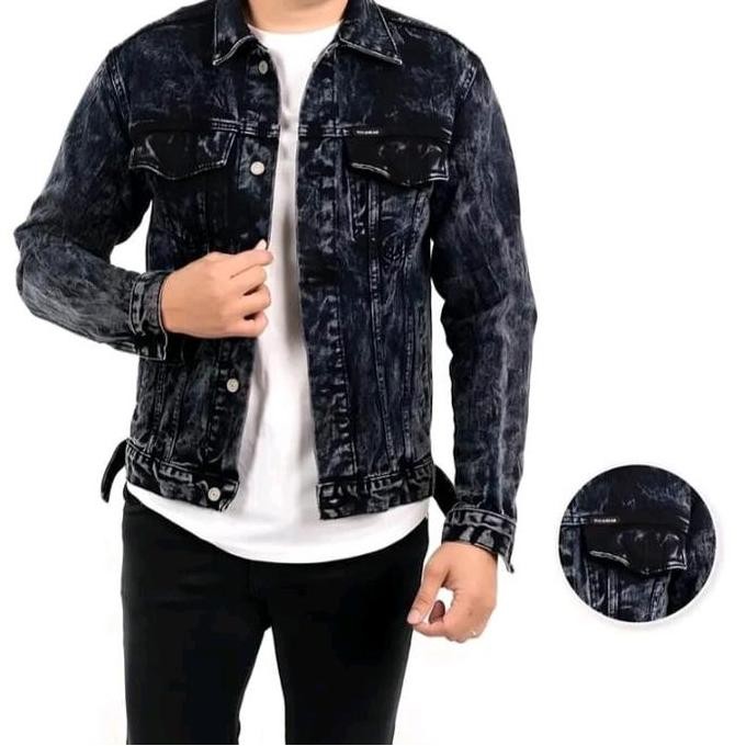 JAKET JEANS DENIM POLOS COWOK Distro Hitam black sandwash