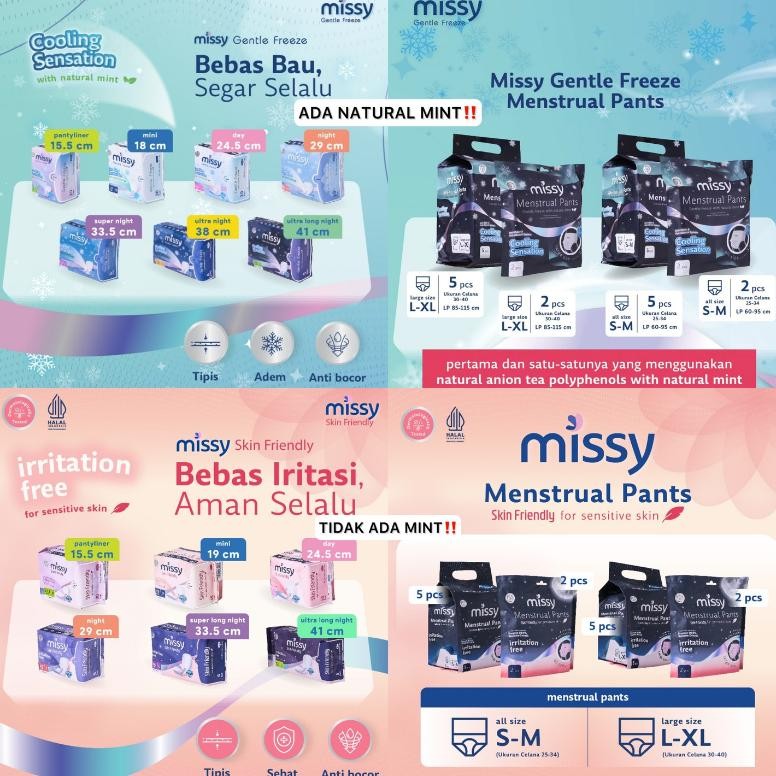 Pembalut Missy Gentle Freeze Skin Friendly / Softex Celana Menstruasi / Pembalut Wanita Pantyliner M