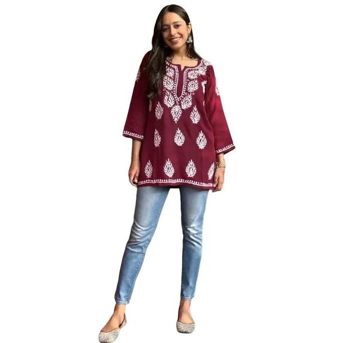 Laqueens baju india kurti kurta pendek single merah maroon motif bordir chikankari remaja atasan wan