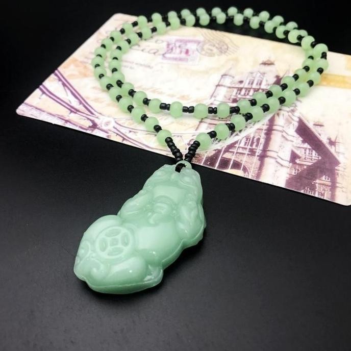 Kalung Giok Hijau Asli Cina Buddha Pixiu Tunggal Lucky Charm Hoki K296