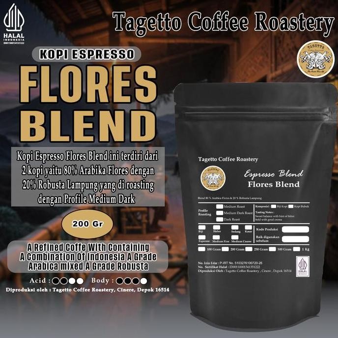 

READY BIJI KOPI ESPRESSO FLORES BLEND 200GR - ARABIKA 80% ROBUSTA 20% - BEAN & BUBUK TAGETTO COFFEE