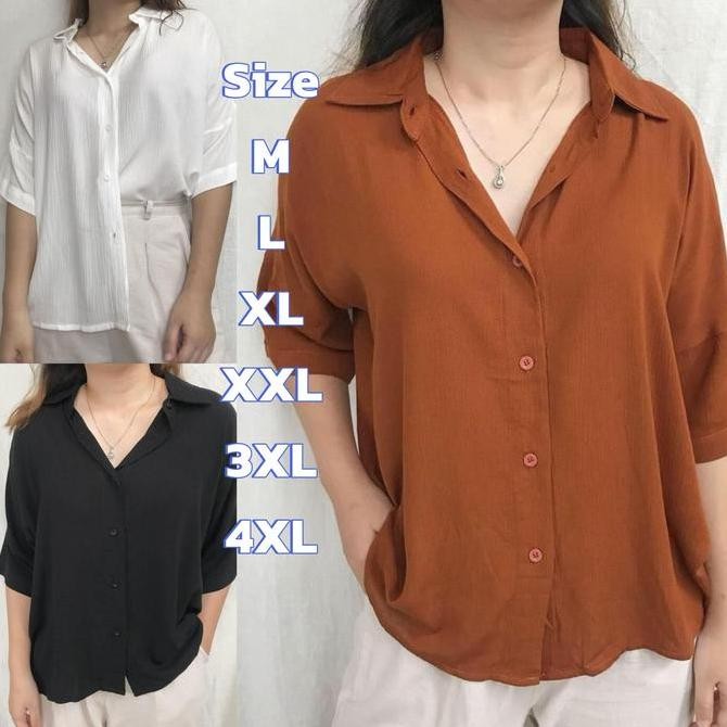 Baju Kemeja Atasan Hem Blouse Airflow Crinkle Kerah V Neck Kuliah Hitam Lengan 3 4 Ootd Polos Basic 