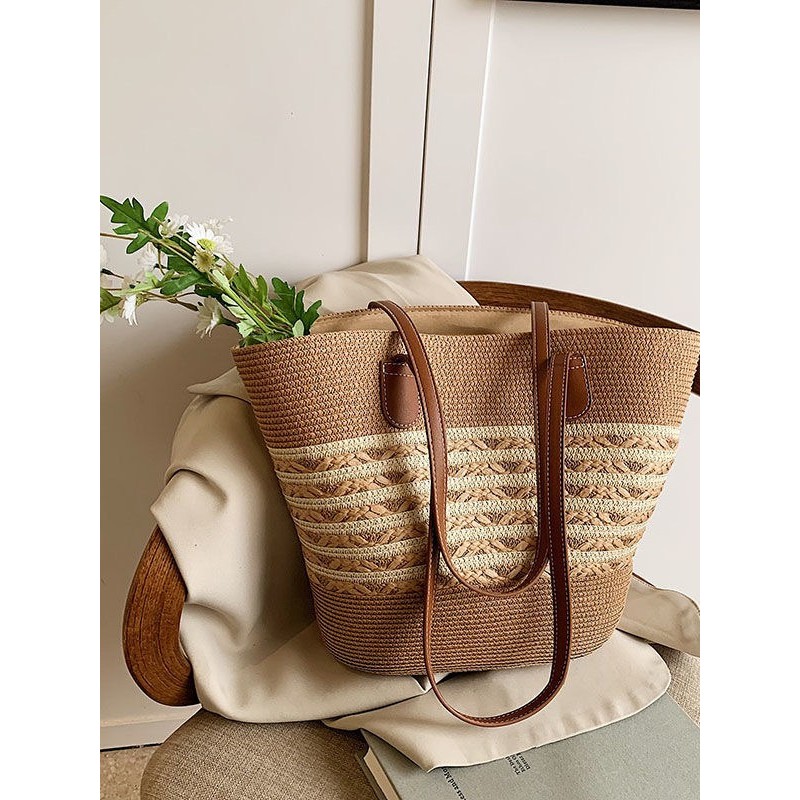Tas Anyaman Jerami untuk Wanita Tas Pantai Musim Panas Kapasitas Besar Tas Bahu Anyaman Tas Jerami R