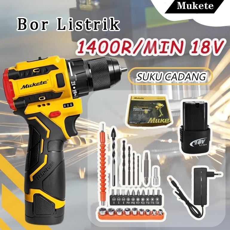 Mukete 1400R/MIN/18V bor impact bor cordless bor impact baterai bor baterai  Mesin Cordless Mini  Se