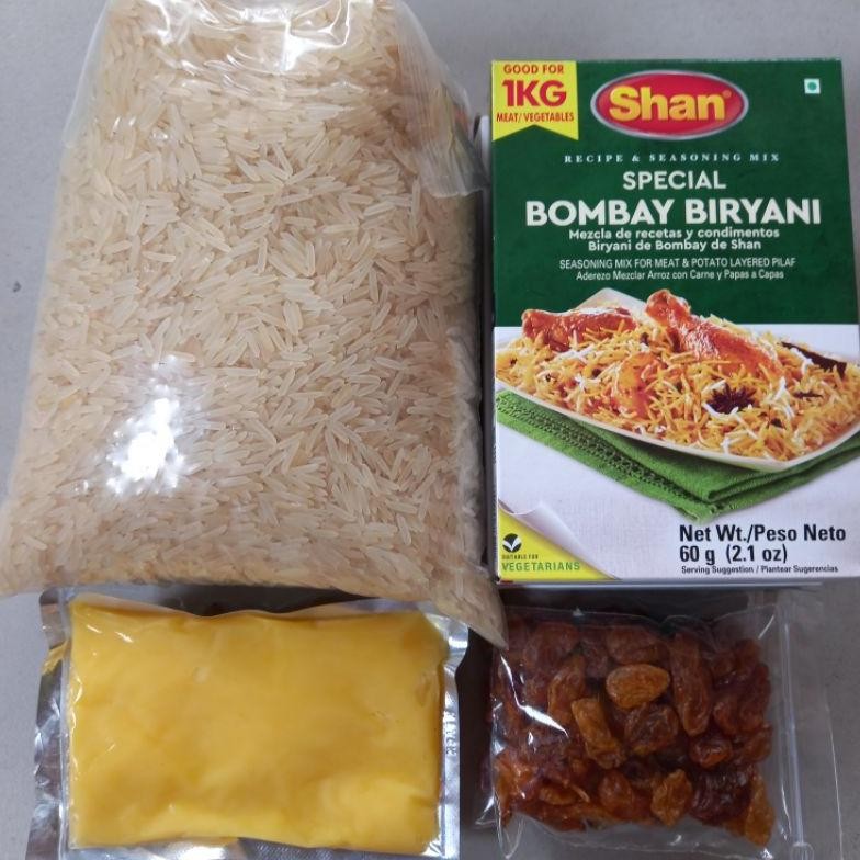 

PAKET BERAS BASMATI 1 kg + BUMBU SHAN BRIYANI + SAMIN + KISMIS Nugi