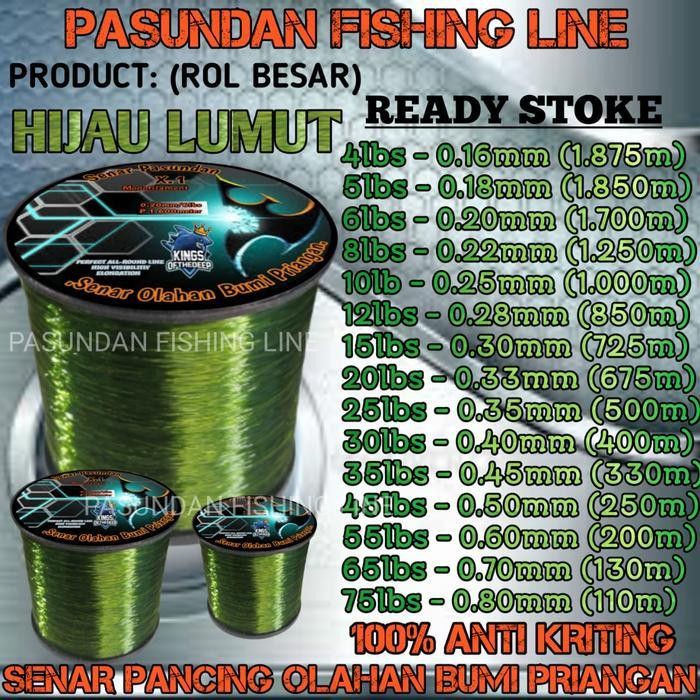 Pasundan Fishing Line Warna Hijau Lumut (Rol Besar) Benang Tali Senar Pancing Olahansiap Pakai Anti 