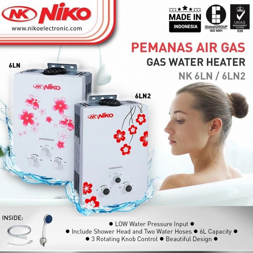 WATER HEATER PEMANAS KAMAR MANDI GAS NIKO 6 LN/LN2 PEMANAS AIR KAMAR MANDI PLUS SHOWER KOMPLIT PEMAN