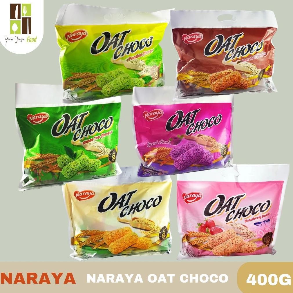 

Naraya Oat Choco Snack 400 Gram Rasa Original / Coklat / Strawberry / Green Tea / Pandan / Sweet Potato 400 Gram (Isi 40pcs @ 10gram) Nugi