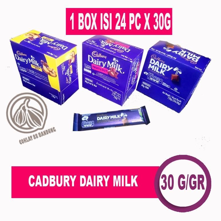 

CADBURY DAIRY MILK 1 BOX 24 X 30GR, COKLAT CADBURY MINI 11 gram X 20, CADBURY DAIRY MILK 15gr X 36 Nugi