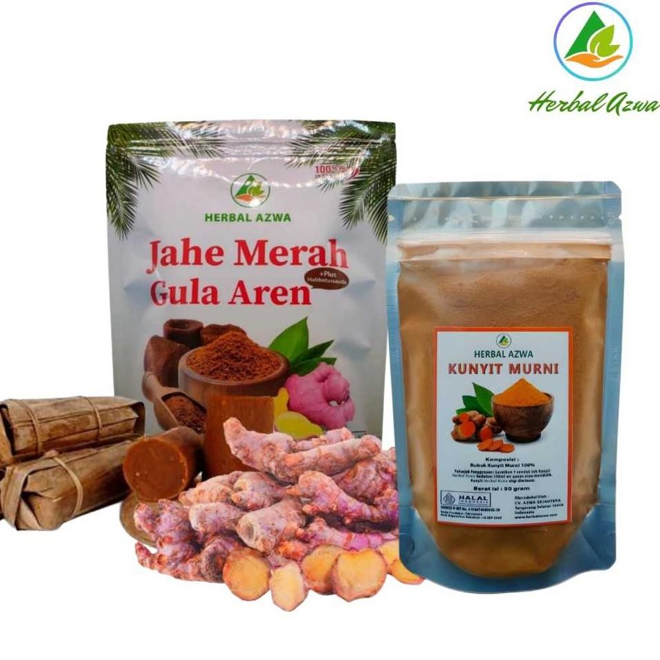 

Azwa Bundling Mix Jahe Merah Gula Aren Plus Habbatusauda Dan Kunyit Bubuk Murni