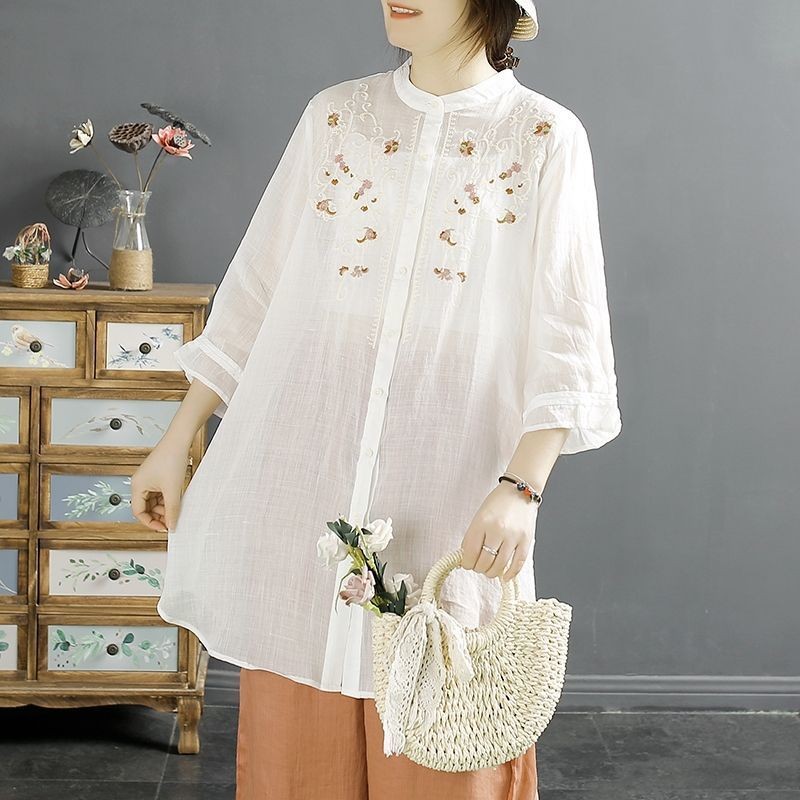 Atasan Wanita Linen Putih, Baju Tunik dengan Sulaman Bunga, Lengan 3/4, Fit Oversize