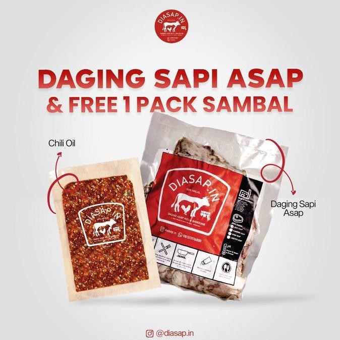 

SEI SAPI Bundle 500gr DIASAPIN Daging Asap Sapi Plus Sambal Chili Oil