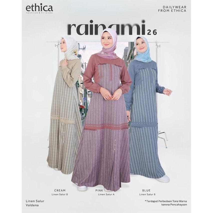 ETHICA RAINAMI 26 GAMIS WANITA WARNA BLUE CREAM PINK BAHAN LINEN SALUR VALDENA MOTIF GARIS KOMBINASI