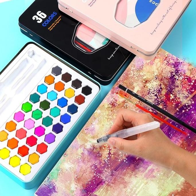 

48/36 Warna Watercolor Set Cat Air Set (Termasuk Kuas dan Kertas Gambar) / Cat Air Padat / Solid Watercolor Set Alat Stationery