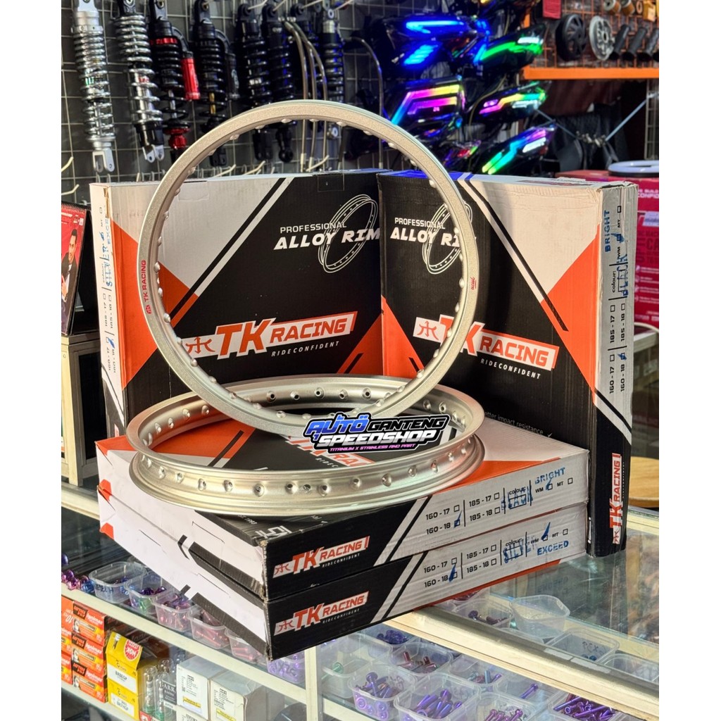 VELG TK RACING BRIGHT R18 SET 160X18 EXCEED KULIT JERUK  SILVER & BLACK