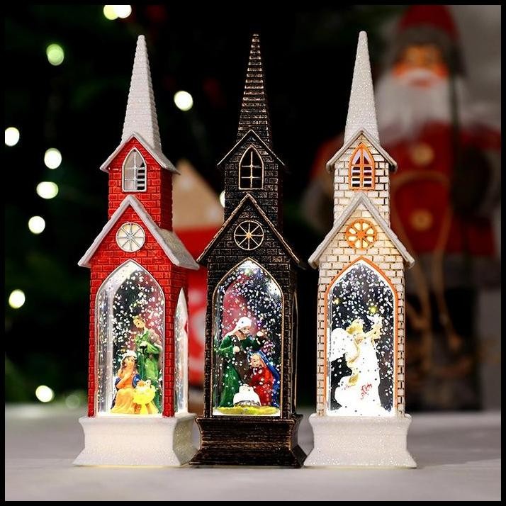 Pajangan Natal Lentera LED Snowglobe Kotak Salju Kado Gereja Katedral