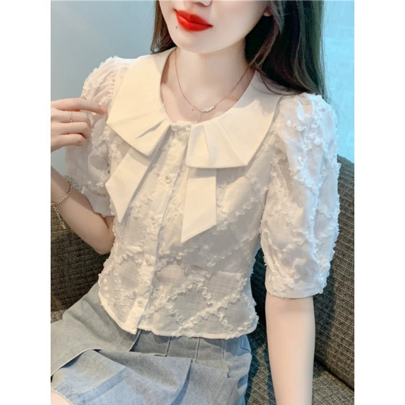 Blus Chiffon Lengan Puff Pendek dengan Kerah Boneka untuk Wanita