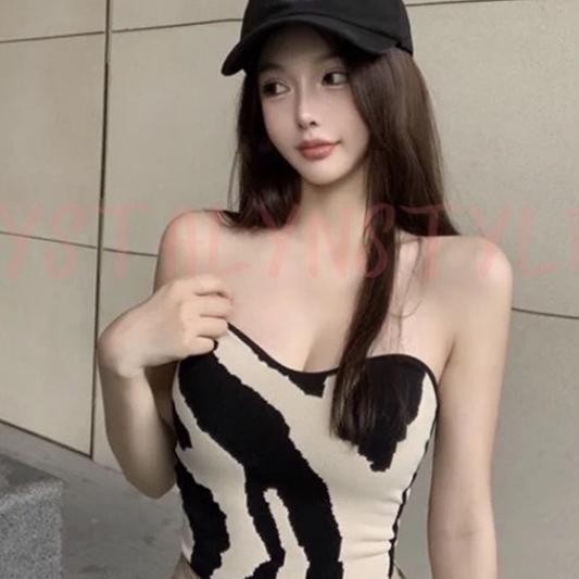 Crystalyn Tank Top Dalaman Wanita Atasan Crop Top Kemben Sexy Rajut Knit Motif Sapi