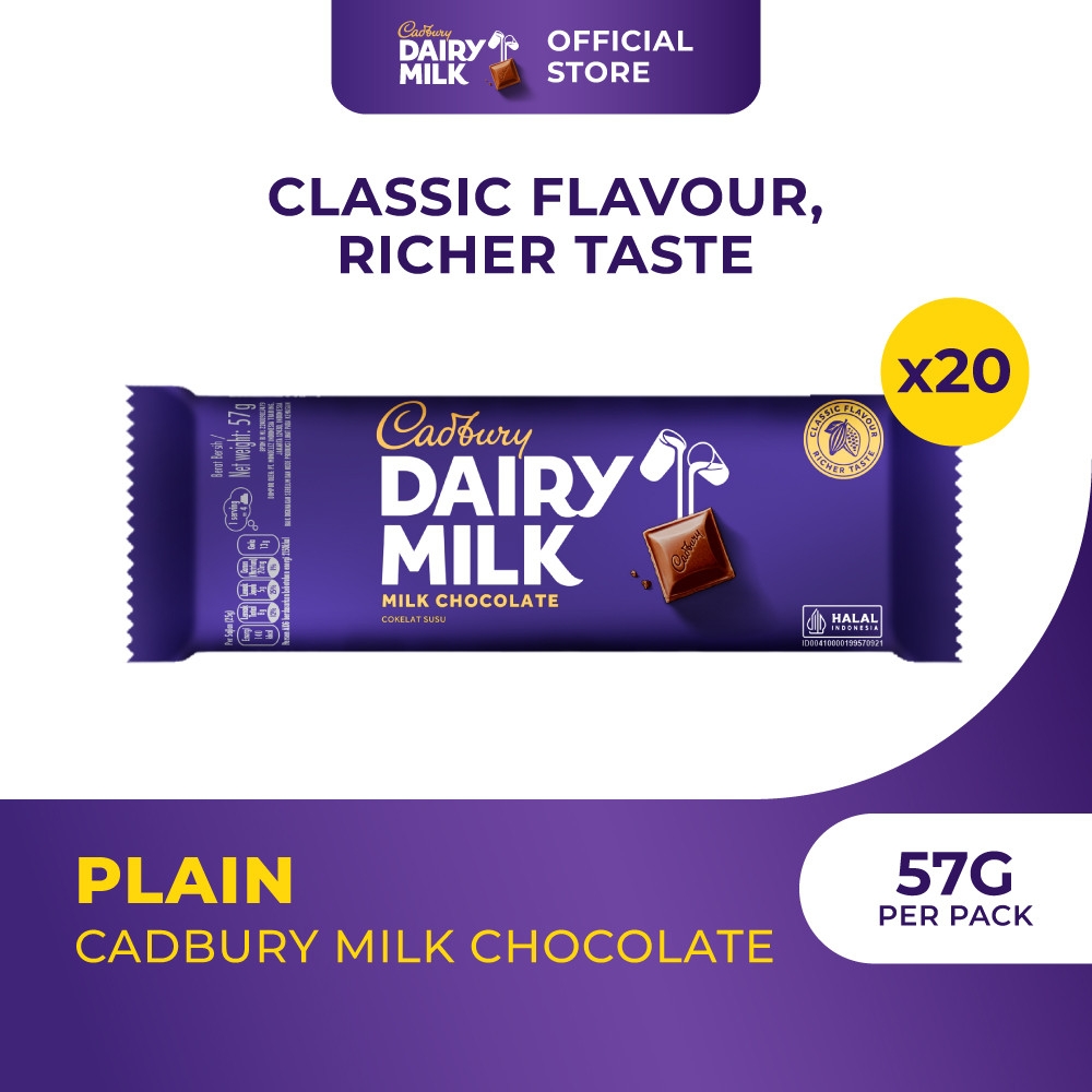 

Cadbury Dairy Milk Chocolate Original Regular 62g, coklat dengan susu untuk Camilan x 20 (Family Pack)