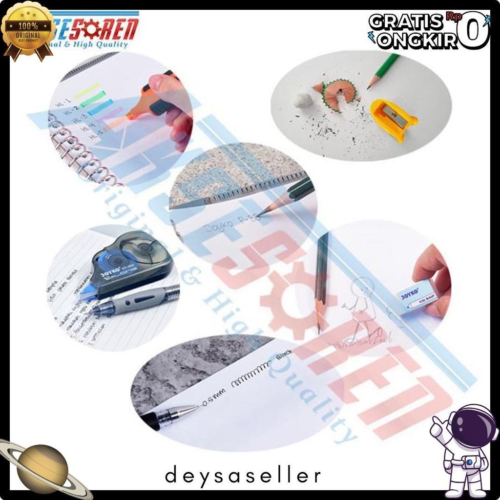 

Perlengkapan Paket Alat Tulis Ujian Sekolah Lengkap Joyko [Pulpen Gel + Pensil 2B + Rautan Pensil Karekter + Penghapus Putih + Tipe X Kertas + Highlighter ] / Alat Tulis Sekolah Lengkap / Alat Tulis 1 Set Lengkap / Alat Sekolah Lengkap 1 Paket Murah
