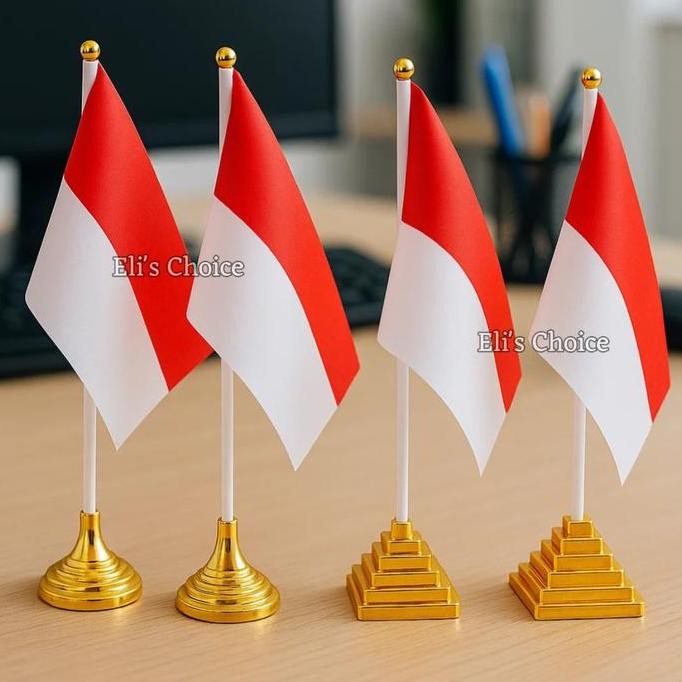 ] Bendera Meja Merah Putih Stand Emas Bendera Kecil Indonesia Hiasan Meja Kasir