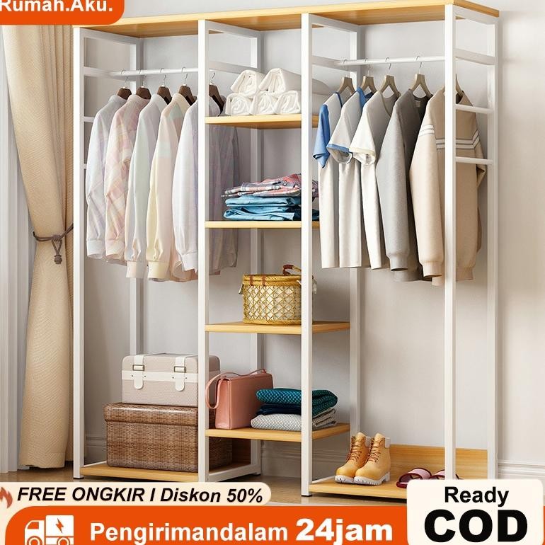Rak Gantungan Baju Besi Terbuka/Rak Baju Kayu 5 Susun/Stand Hanger Besi