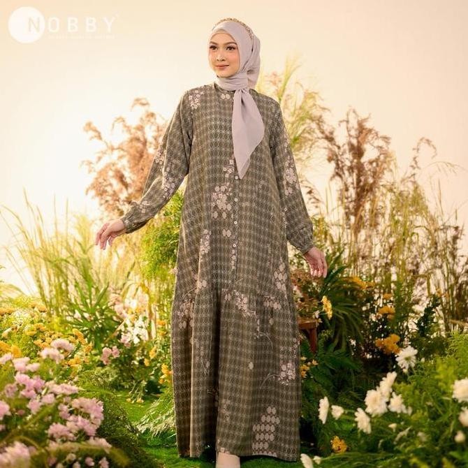 Nobby Yalinda Dress Gamis Muslim Wanita Bahan Polly Stretch Sand