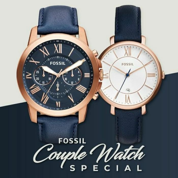 Jam Tangan Couple Fossil Fs 4835 & Es 3843 Navy Original Fullset