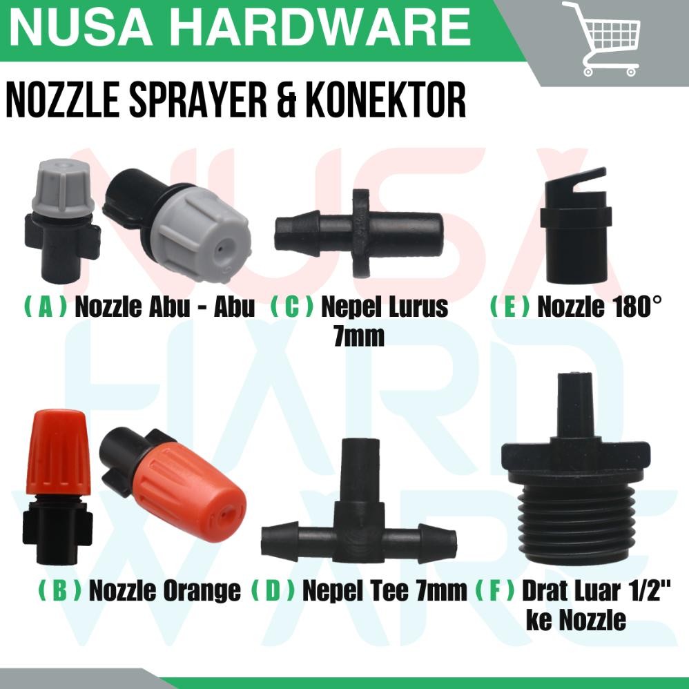 Mist Nozzle Head Sprayer Orange Abu - Abu Nozle 180 Derajat / Konektor Nepel Tee / Lurus ke Selang P