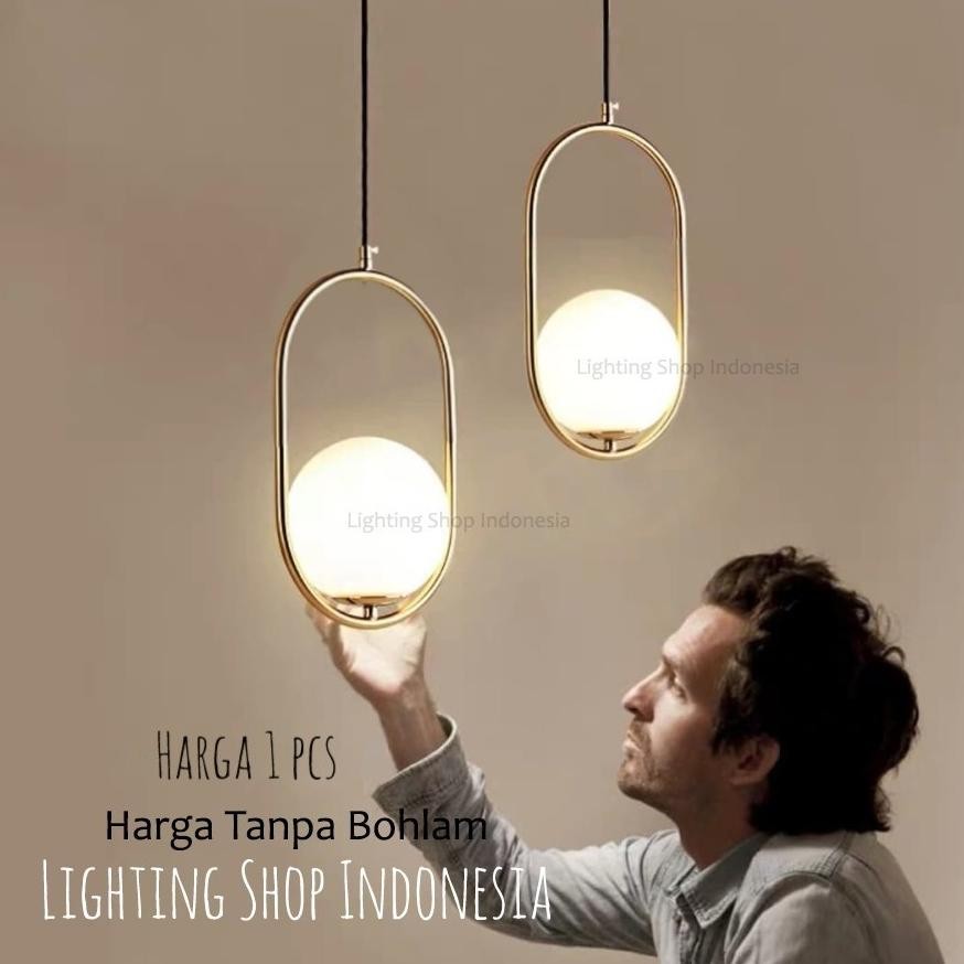 L472 Lampu gantung gold bola kaca susu modern minimalis bentuk oval