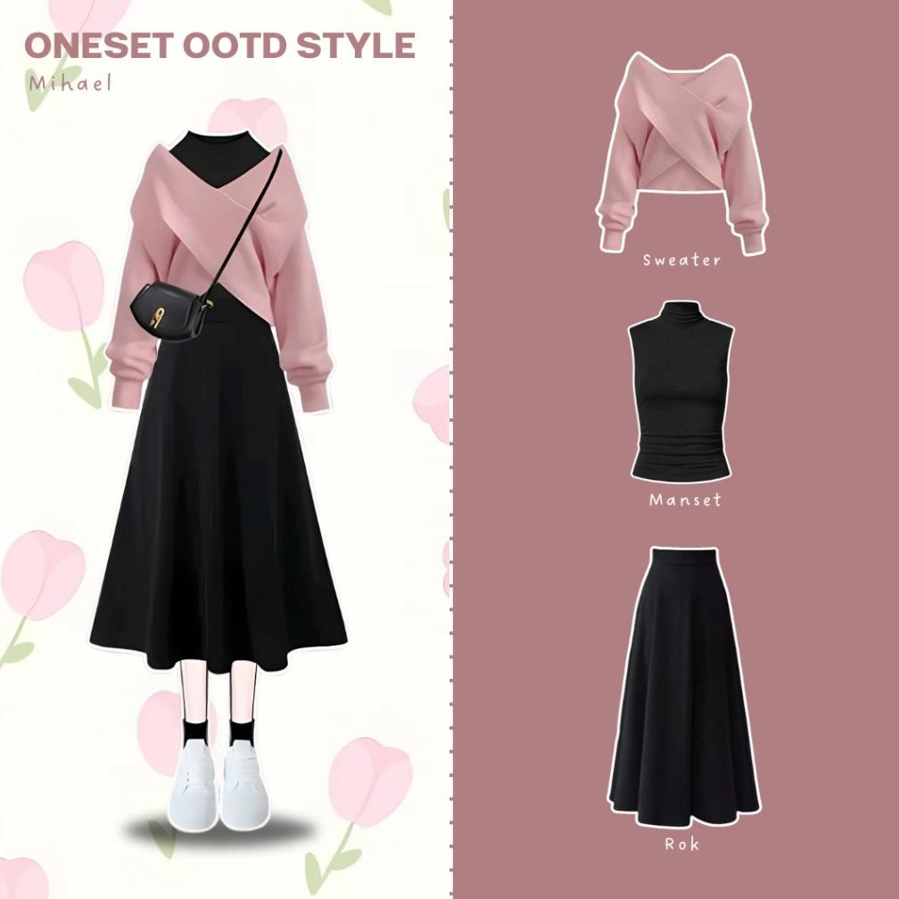 DF330>> Mihael outfit set 3in1 ulzzang (sweater cross, inner manset, rok payung) setelan remaja ootd