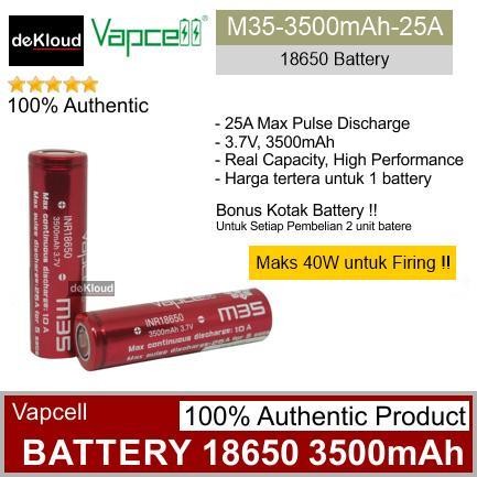 Authentic Vapcell 18650 3500Mah 25A Battery | Batre Baterai Batere Rechargeable Cas