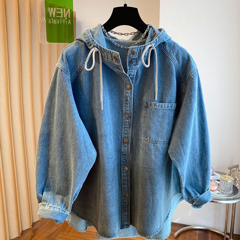 ukuran besar Jaket Kemeja Denim Hoodie Kasual Longgar Gaya Korea Wanita