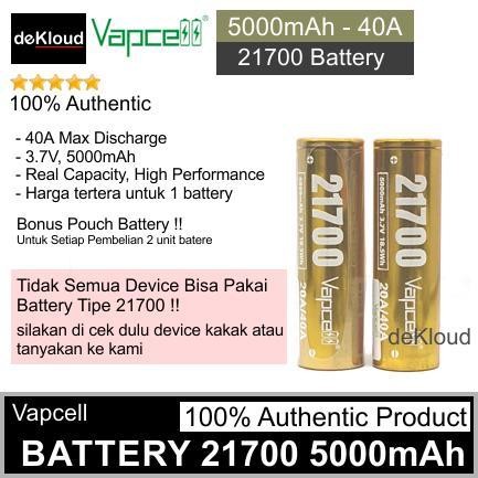 Original Vapcell 5000Mah 21700 Battery | Batre Baterai Cas Batere