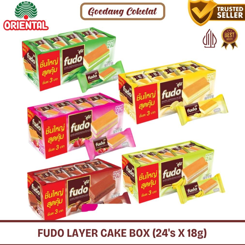 

Promoo!! FUDO LAYER CAKE With Cream Flavour Pandan Coklat Chocolate Strawberry Butter 1 Box isi 26pcs / 416gr atau 24pcs / 336gr