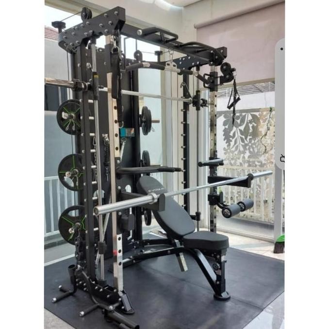Smith Machine Multi Fungsi termasuk Leg Press, Adj. Bench, Plate & Bar