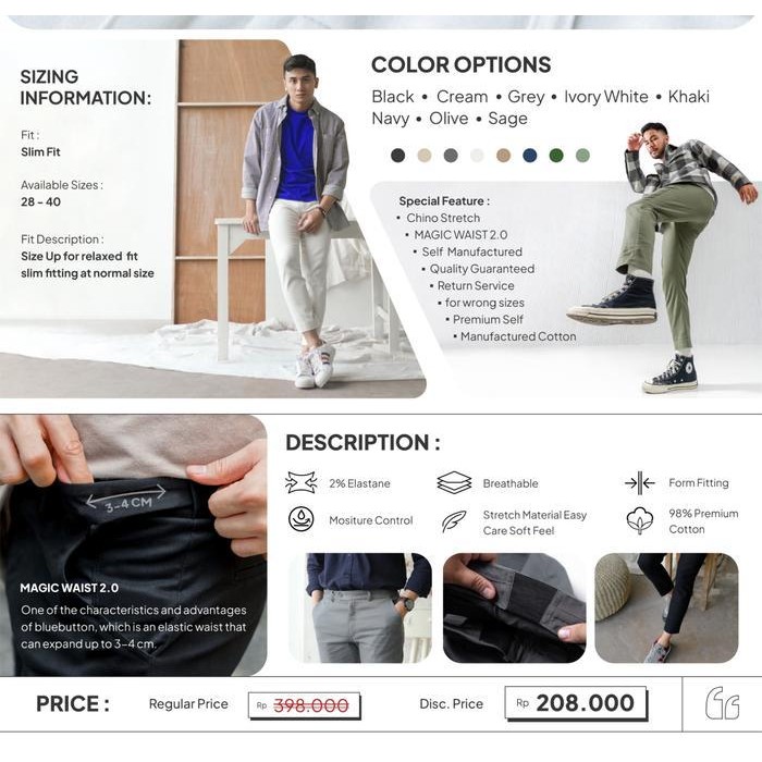 ZCS BlueButton Celana Chino Pria Celana Ankle Pants Slim Fit Sage