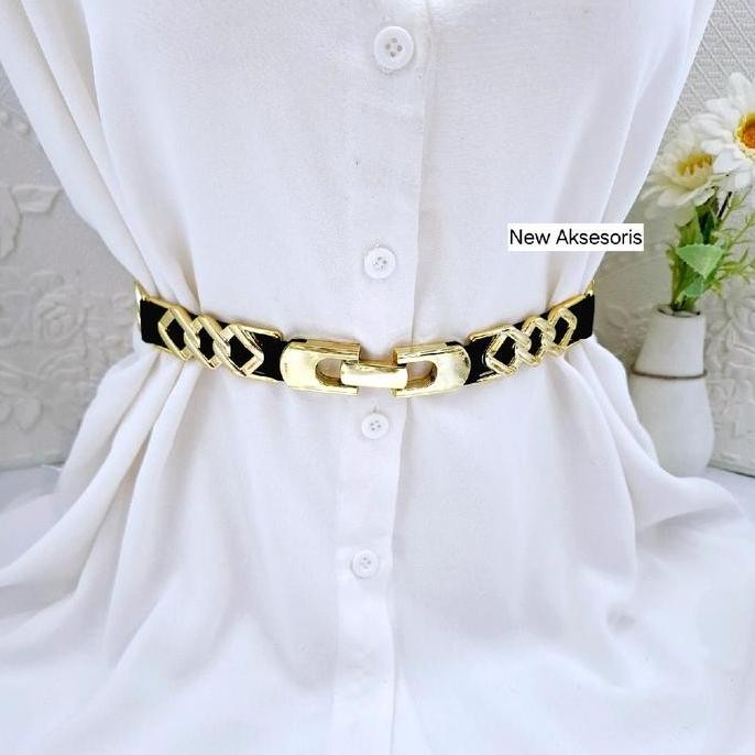 Baru Sabuk Gesper Karet Elastis Obi Wanita Korean Style Aksesoris Sabuk Fashion Gold Rantai