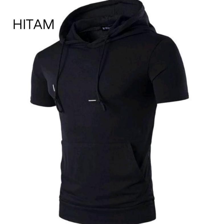 DB32>> Kaos Kupluk/Hoodie Lengan Pendek Kantong Depan Polos