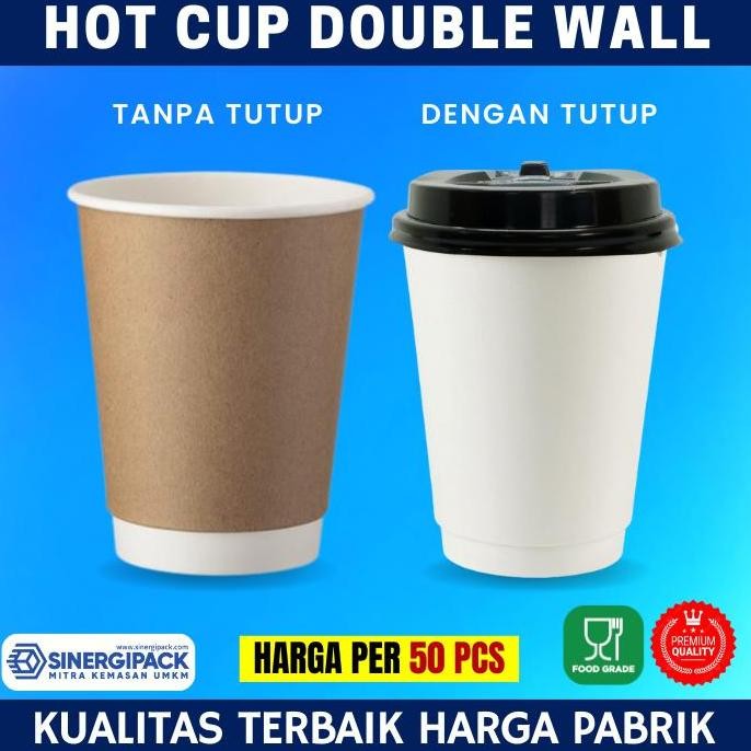 Original Paper Cup Double Wall + Tutup Gelas Kertas Kopi Panas 8oz 12oz