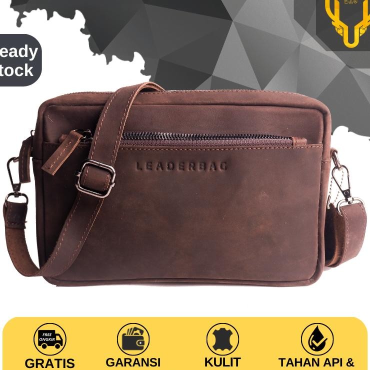 Tas Selempang Pria Kulit Sapi Merk Leaderbag Warna Coklat Atau Clutch Tas Tangan Cowok Keren Branded